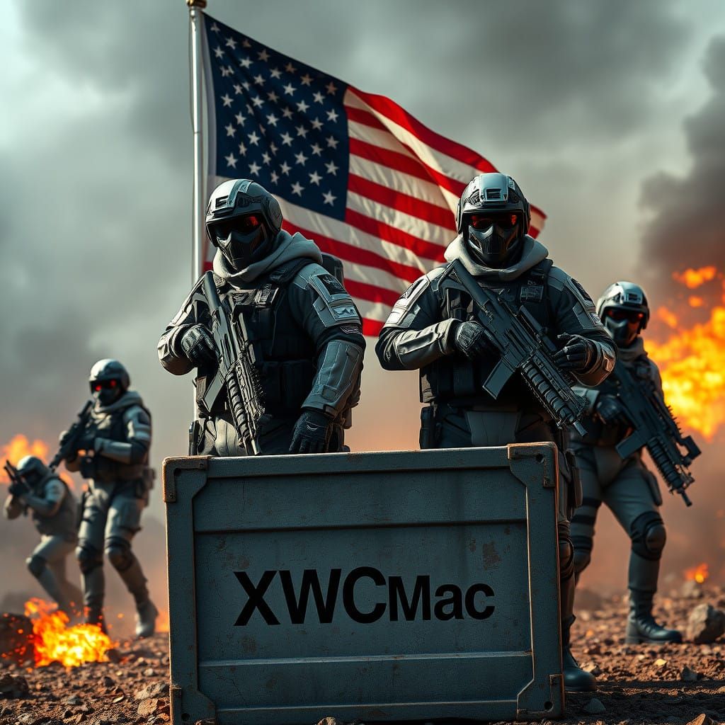 Futuristic American Warriors Stand Vigilant on a Smoldering...