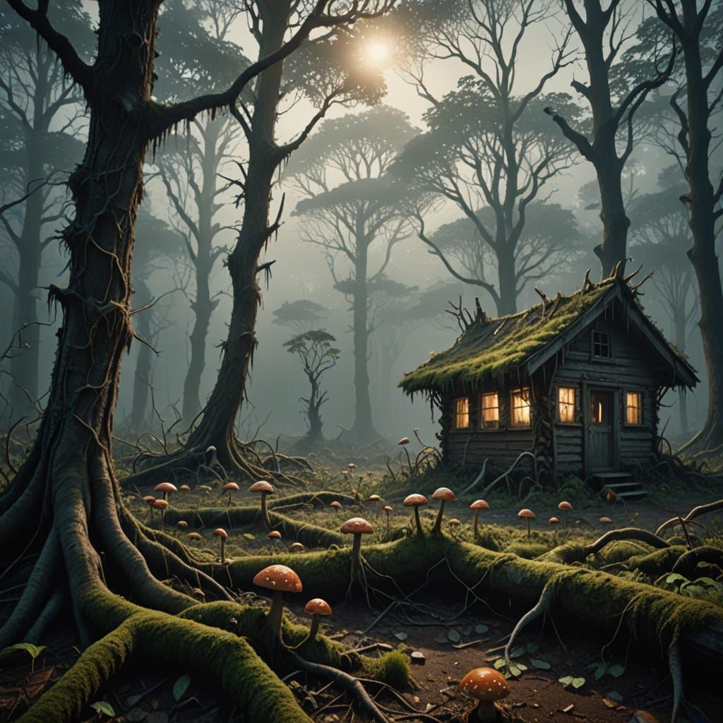 Eerie Cabin in Decayed Forest: Photorealistic Digital Art