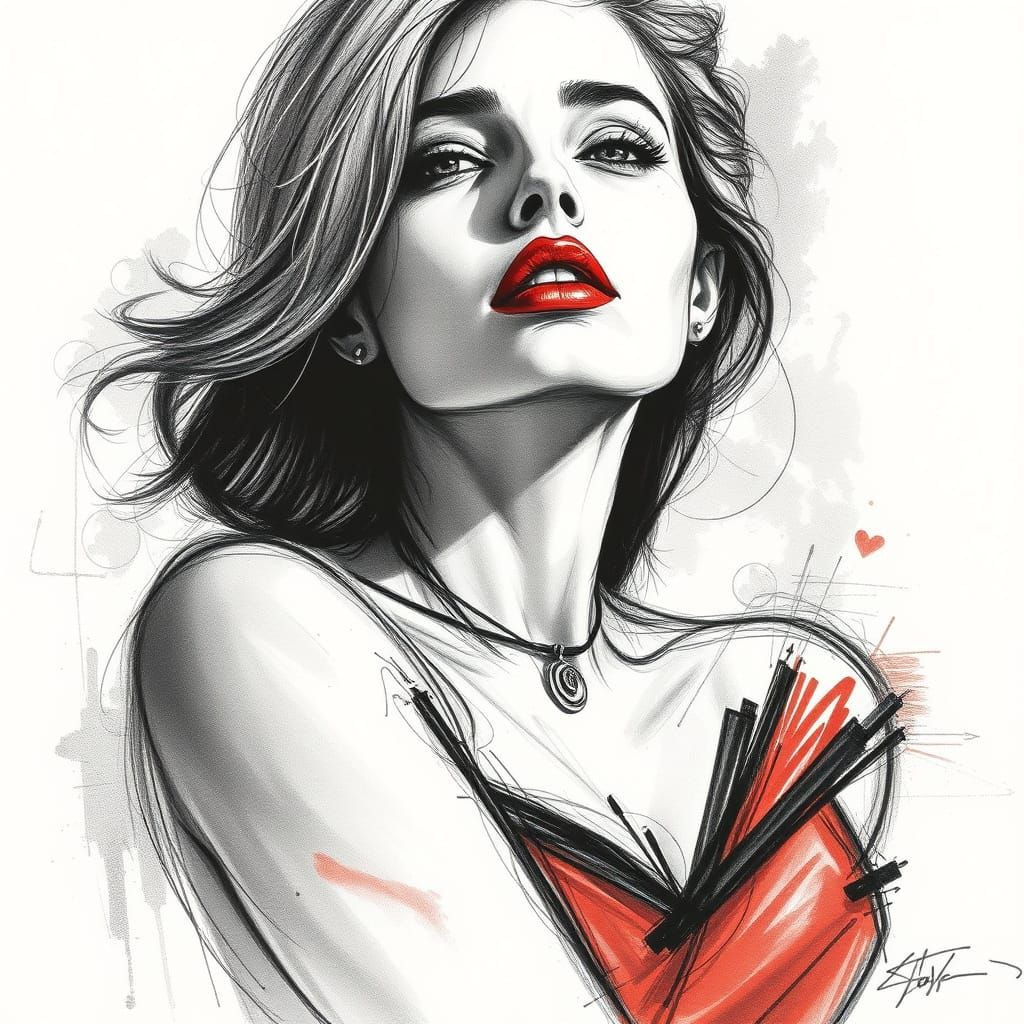 Raquel Welsh in Red: Charcoal Sketch Portrait