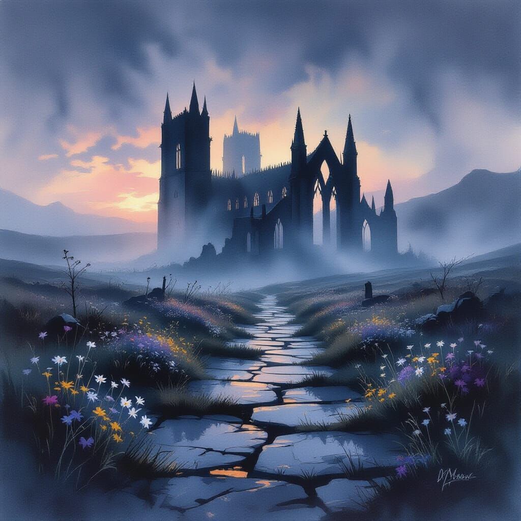 Gothic Cathedral Ruins Swallowed by Fog in Watercolor Style