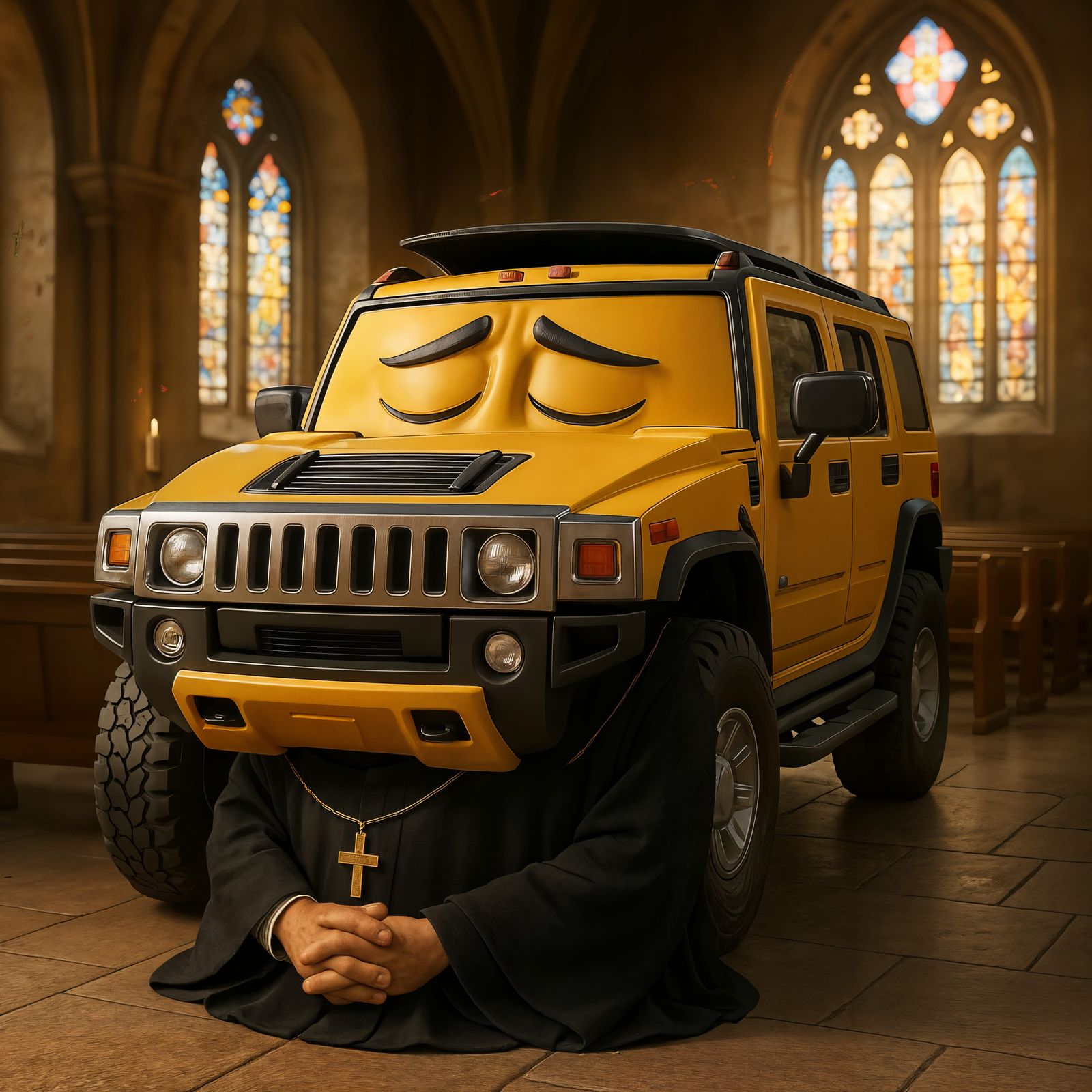 Cartoon Hummer as Priest Inside Church