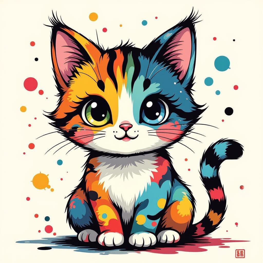 Whimsical Ink Splatter Cat in Pop Surrealist Style
