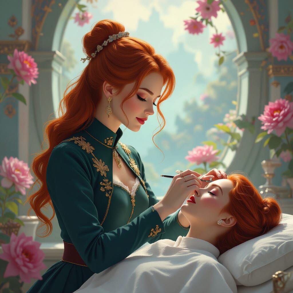Elegant Redhead Performing Facials: Dreamlike Concept Art