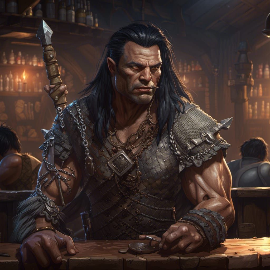 Half-Orc Barbarian in Fantasy Tavern, Detailed Digital Art