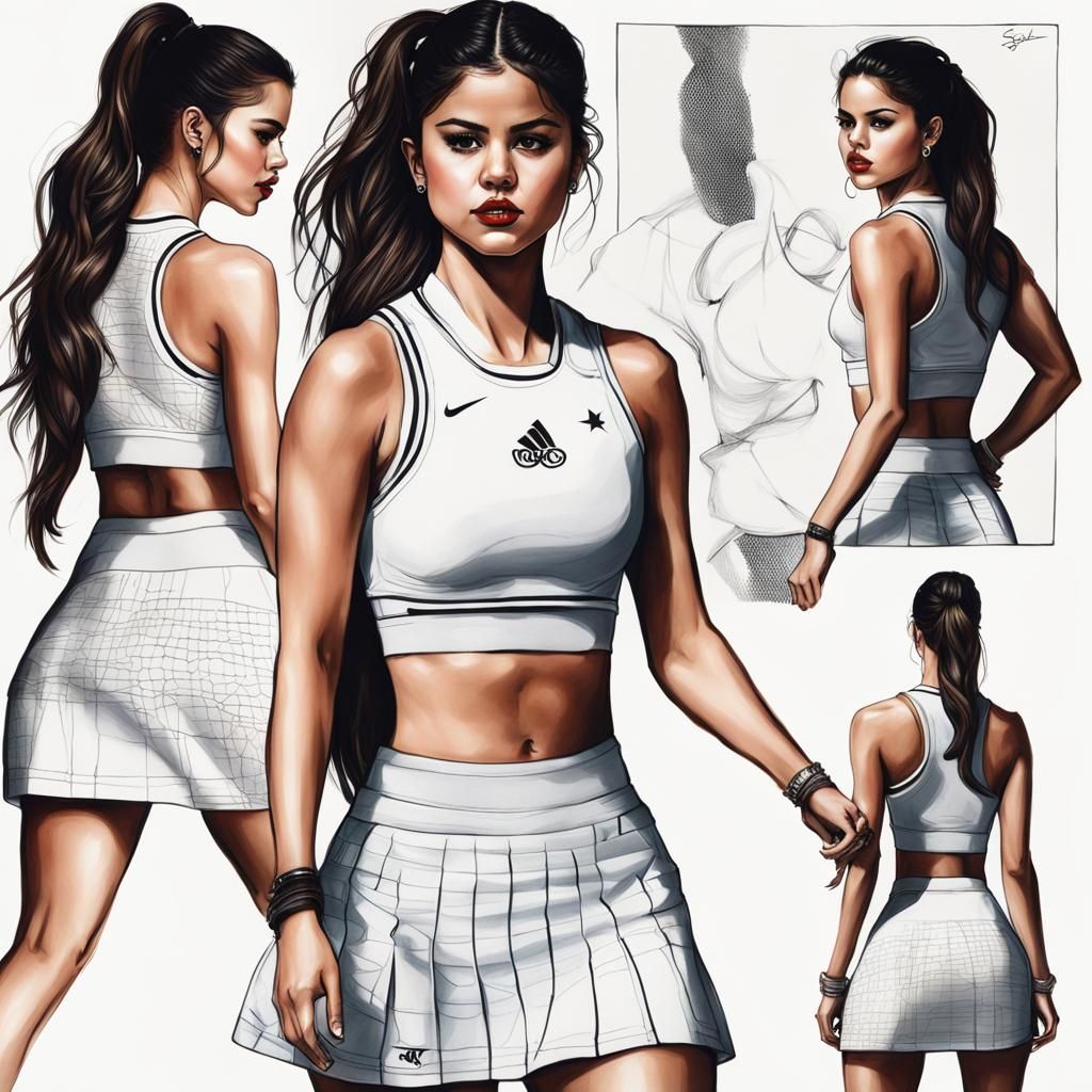 Selena Gomez in Tennis Outfit: Hyperdetailed Ink Drawing