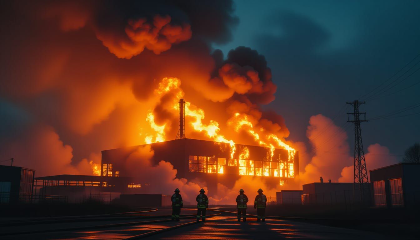 Industrial Fire at Night in Cinematic Style