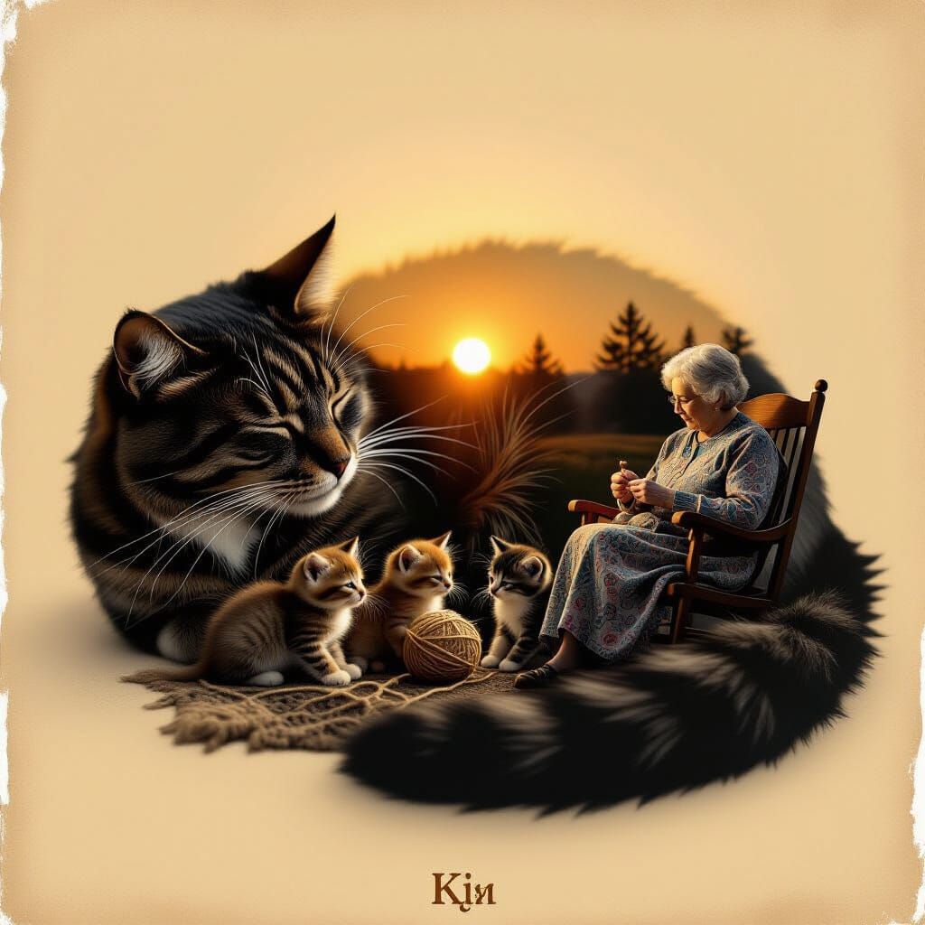 Solitary Cat Silhouette with Kittens and Knitter in Sunrise ...