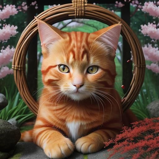 Ginger Cat in Japanese Zen Garden