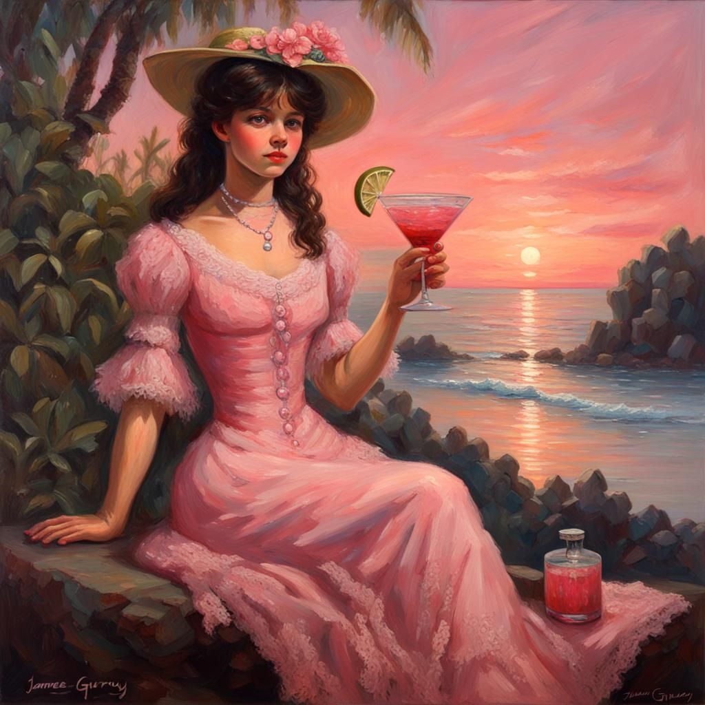 Victorian Girl in Pink on Tropical Island