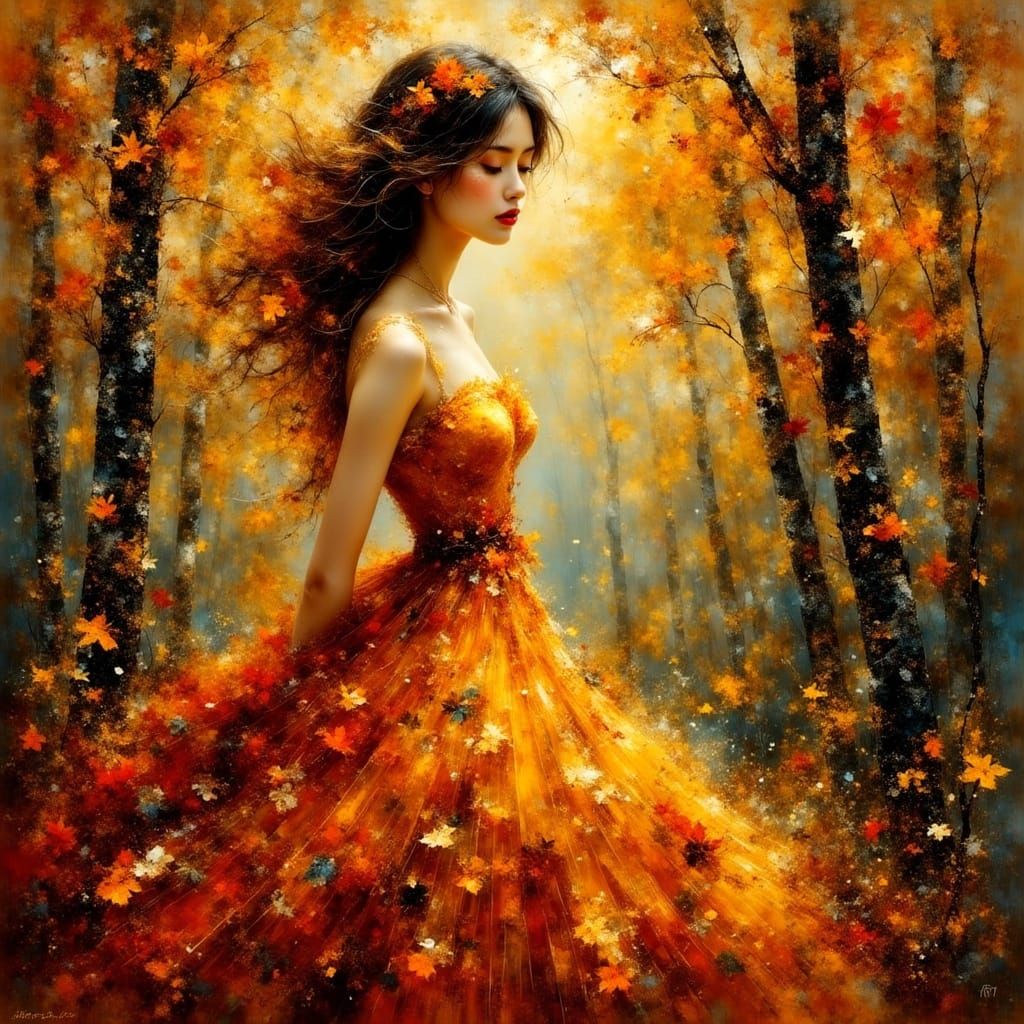 Golden Goddess Amidst Crimson Autumn Leaves in Art Nouveau S...