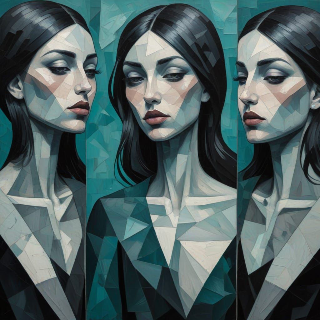 Cubist Woman and Ravens in Geometric Triptych