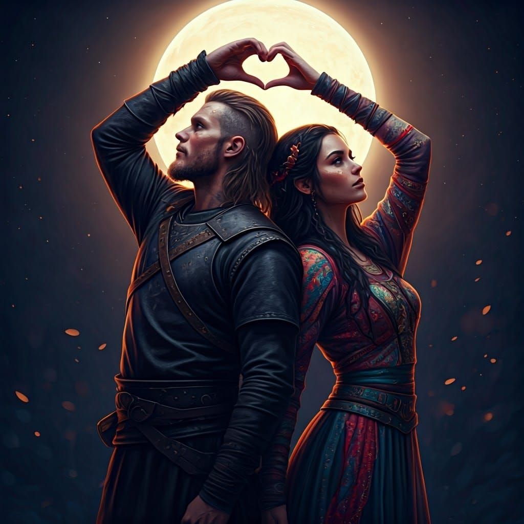 Couple Silhouetted in Heart Shape Under Moon