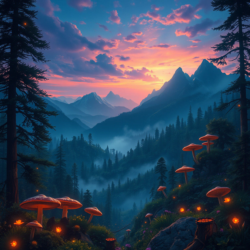 Mystical Landscape with Glowing Flora and Fauna