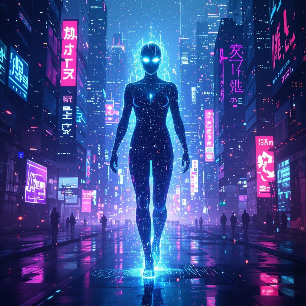 Cyberpunk Phantom Shimmers in Neon Cityscape