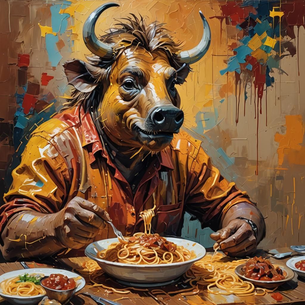 Warthog Man's Fauvist Spaghetti Dinner in Oil
