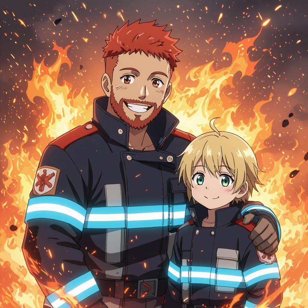 Anime Firefighter Duo Amidst Swirling Flames
