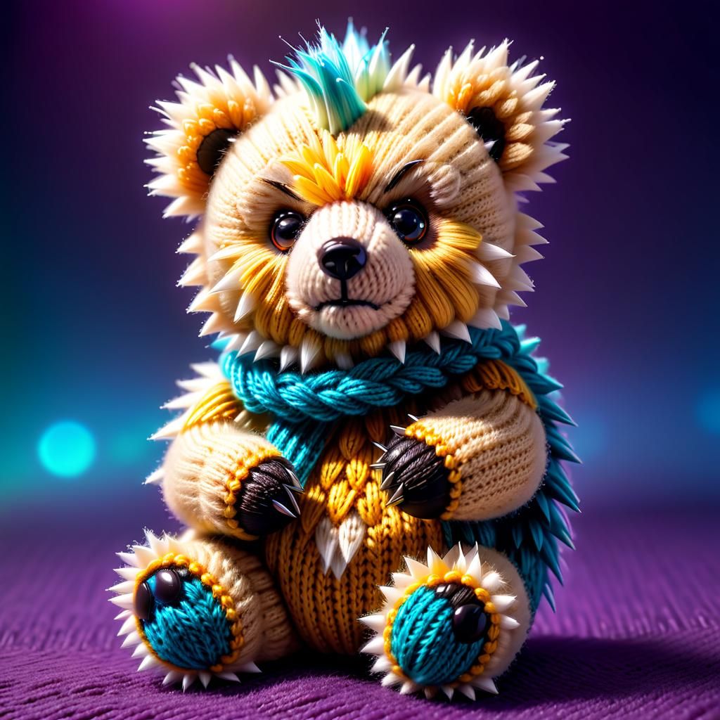 Fluffy Chibi Teddy Bear with Mohawk, Knitted Yarn