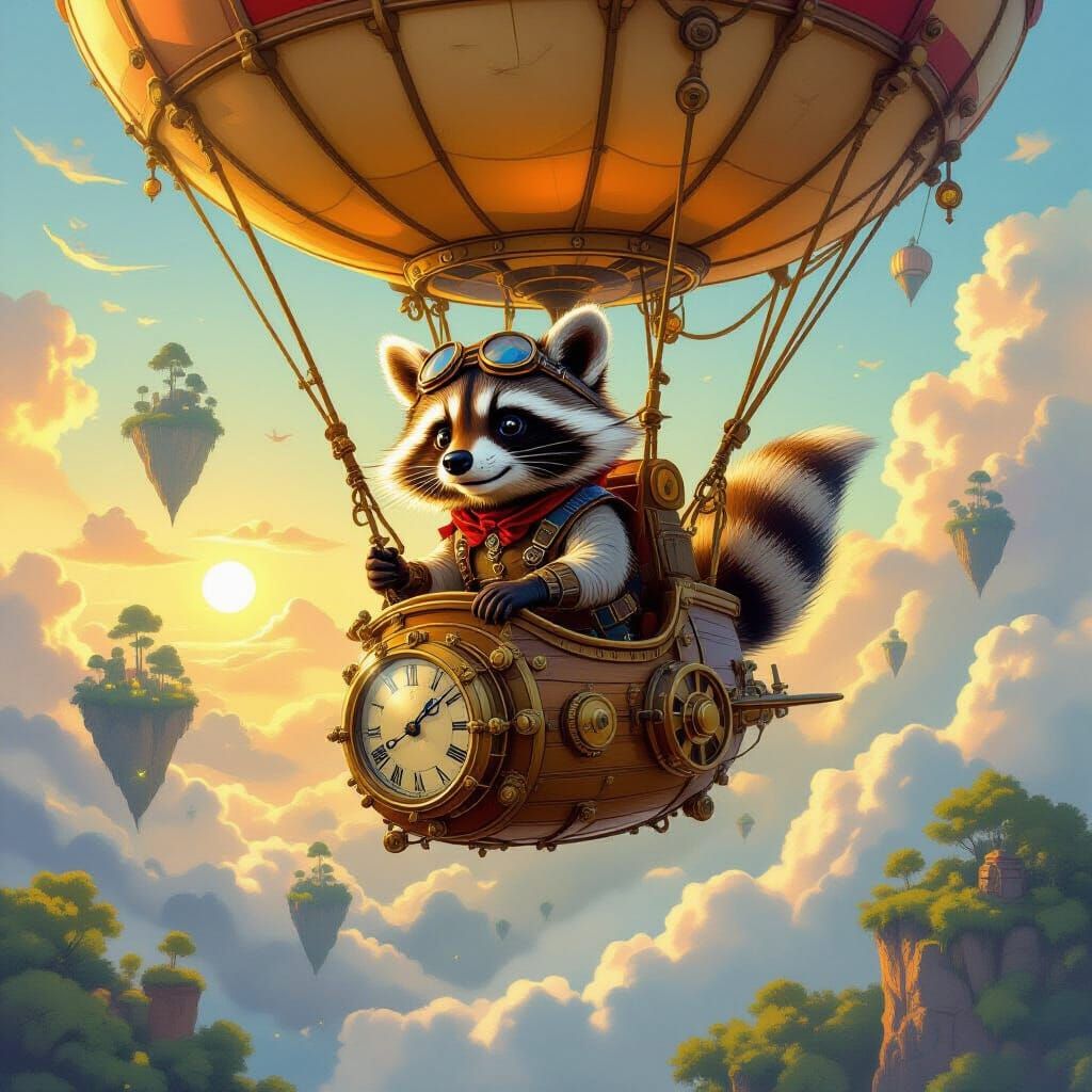 Raccoon Steampunk Pilot Navigates Clockwork Dirigible
