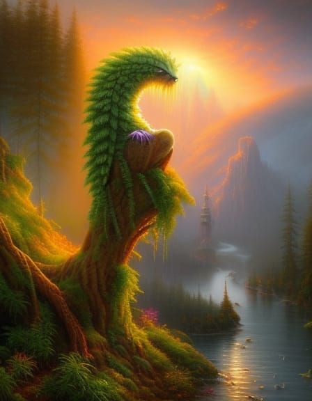 Cute Plant Creature on Branch in Fantasy Art Style