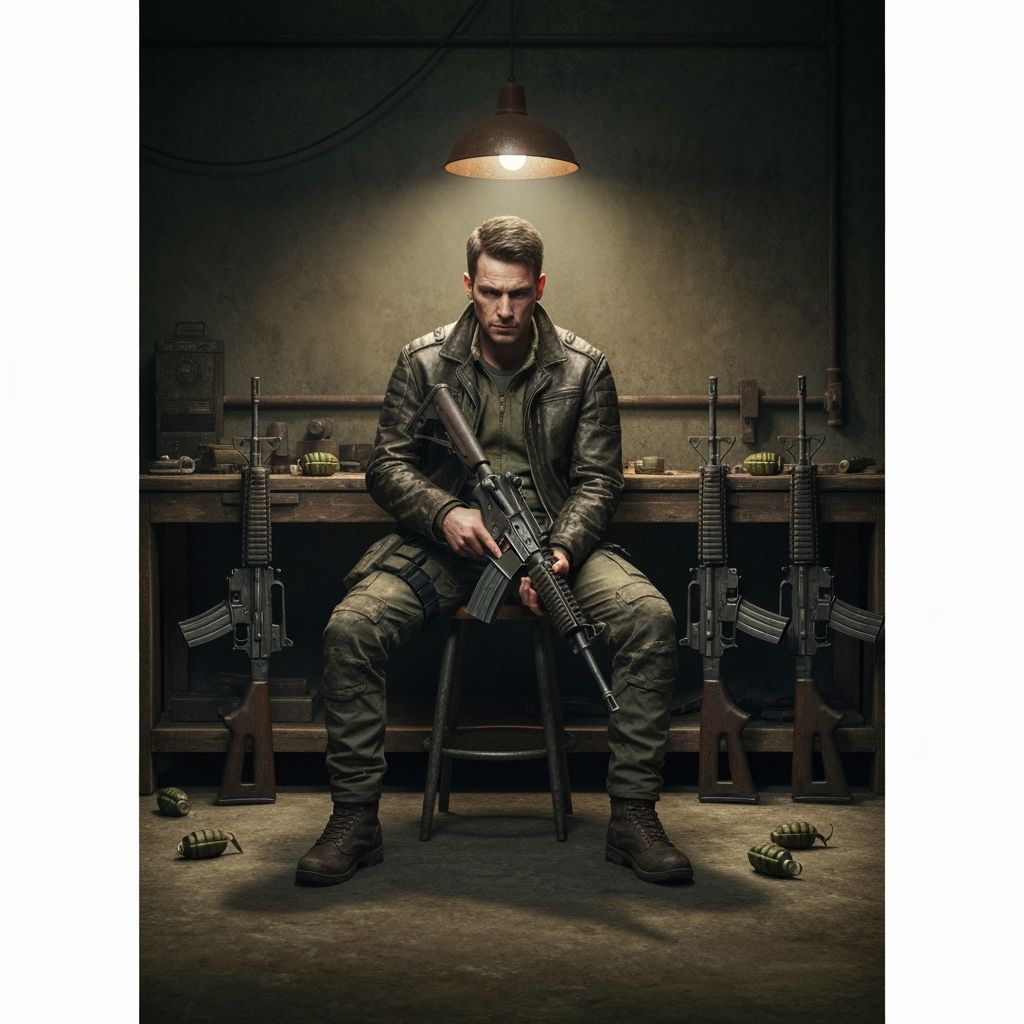 Dystopian Soldier at Workbench with Rifles