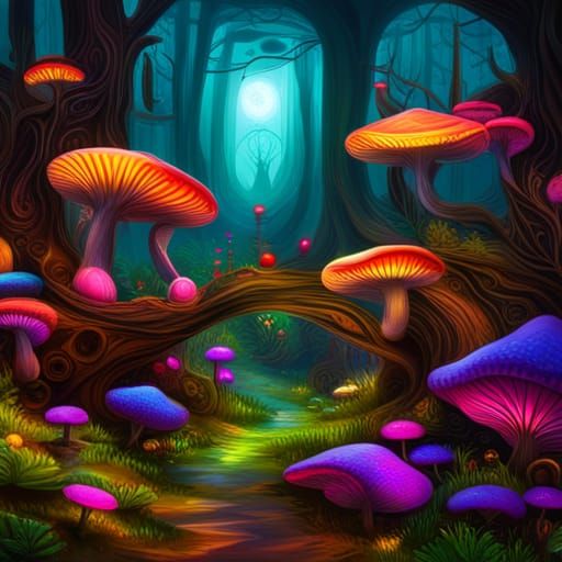 Cheshire Cat in a Magical Mushroom Forest