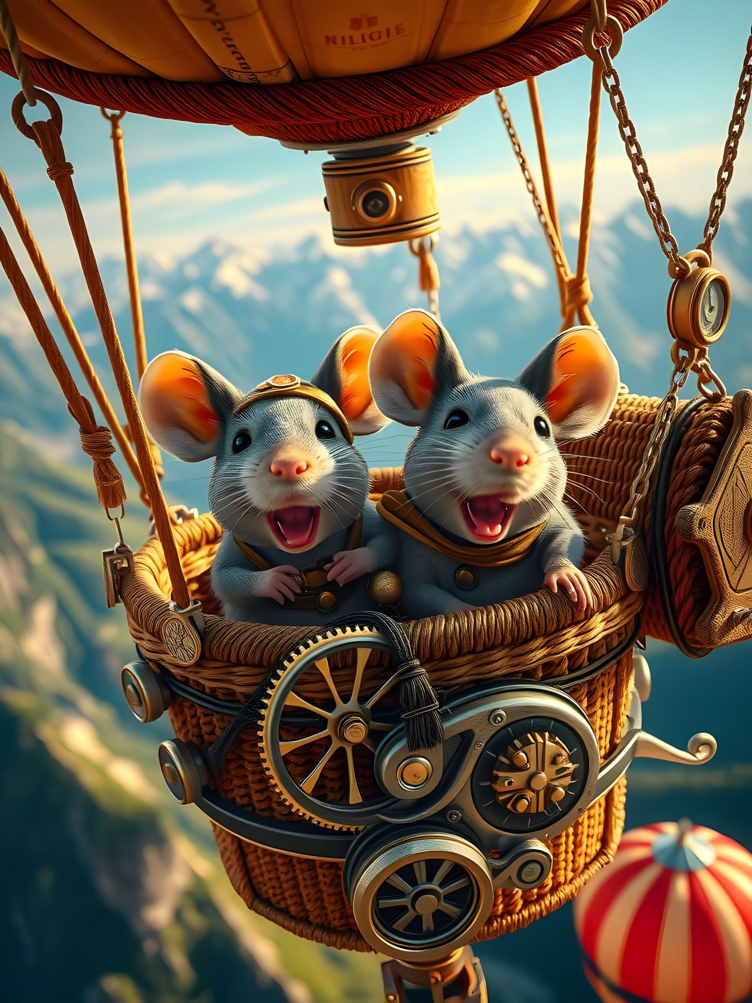 Steampunk Mice Ballooning Over the Alps