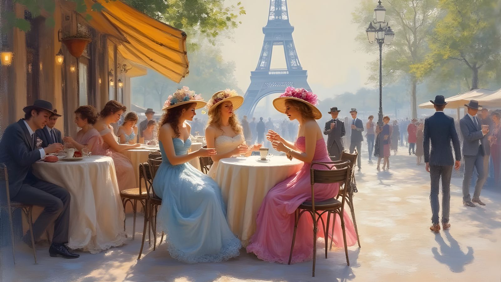 Parisian Cafe Scene in Impressionist Pastel Style