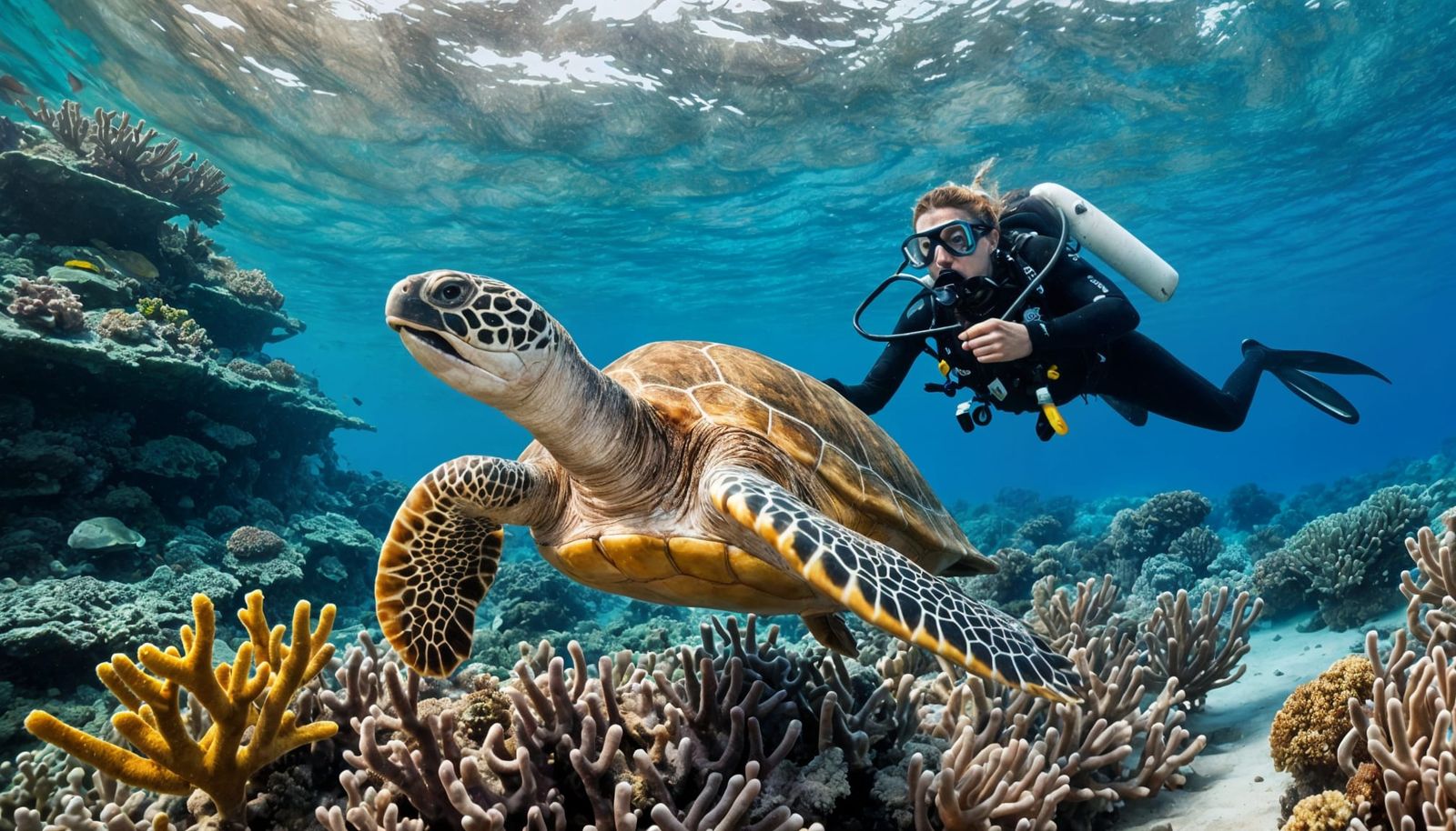 Diver Discovers Vibrant Coral Reef with Tropical Fish and Gi...