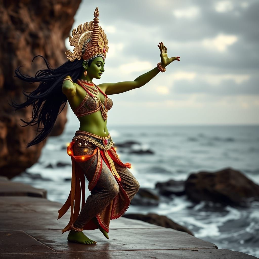 Sensual Green Tara Goddess in Tantric Dance Pose by the Ocea...
