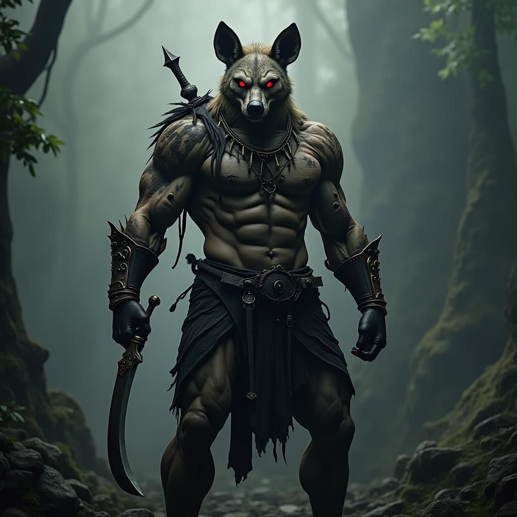 Hyena Warrior in Jungle Plains, High Contrast Digital Art