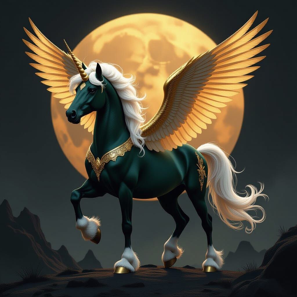 Green and Gold Unicorn with Wings: Dystopian Realism