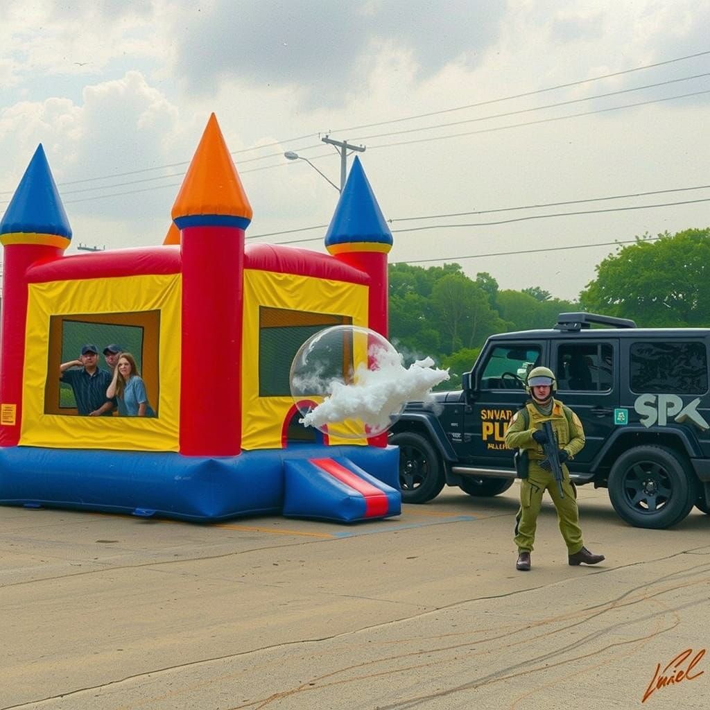 SWAT Officer and Bouncy House in Digital Painting Style