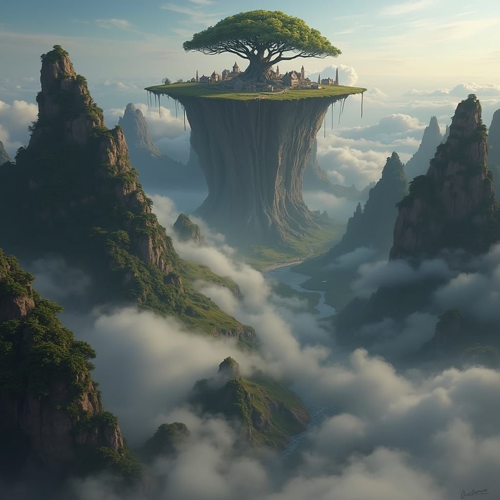 Giant Flying Island with Villages, Hyperrealistic Concept Ar...