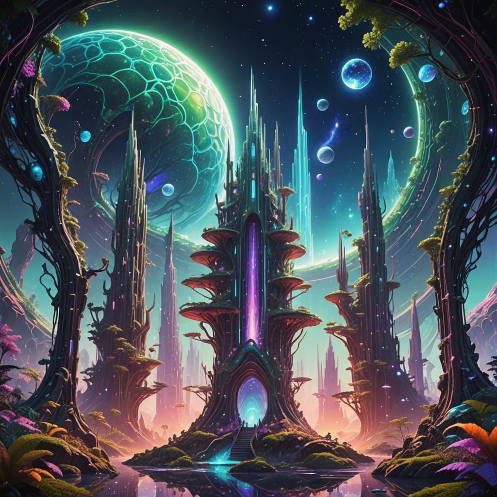 Surreal Futuristic Temple on Vibrant Otherworldly Planet