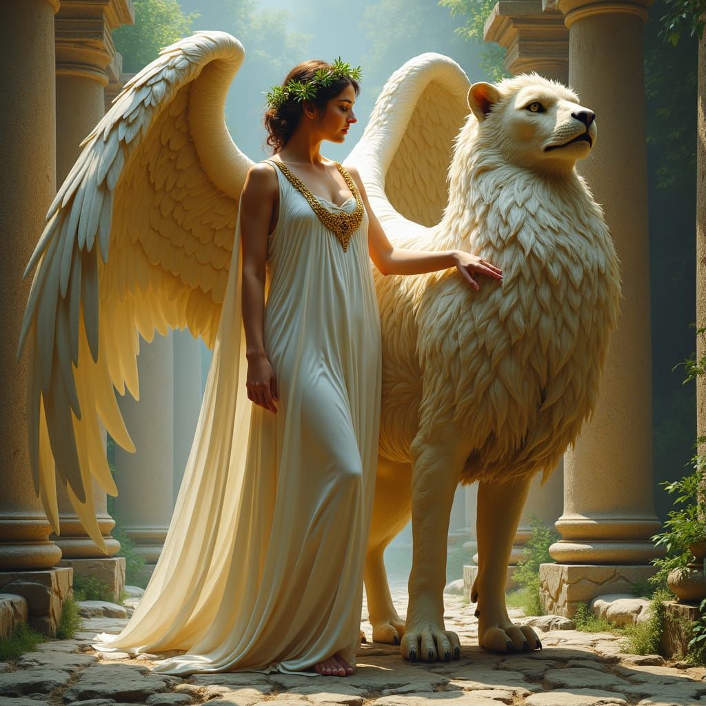 Greek Goddess and Griffin in Dreamlike Setting