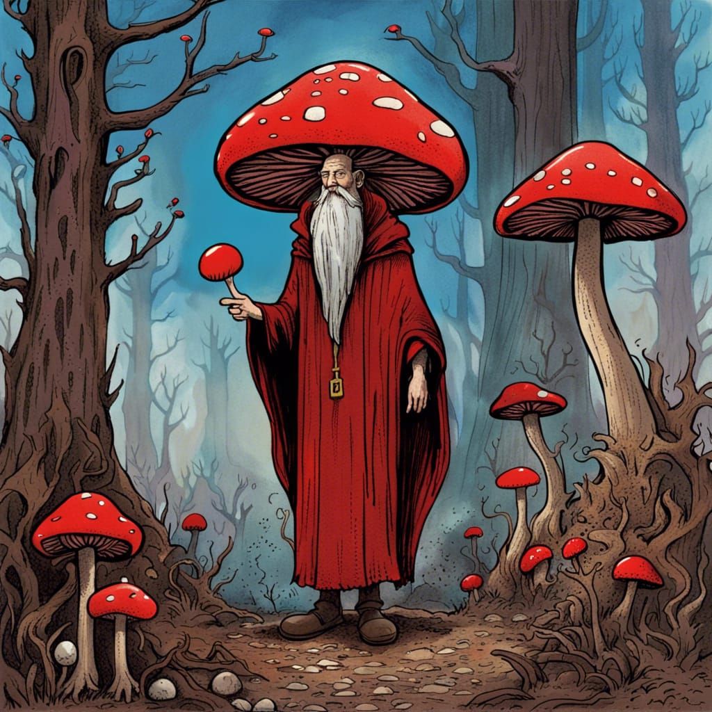 Enchanted Wizard in Mushroom Forest Illustration