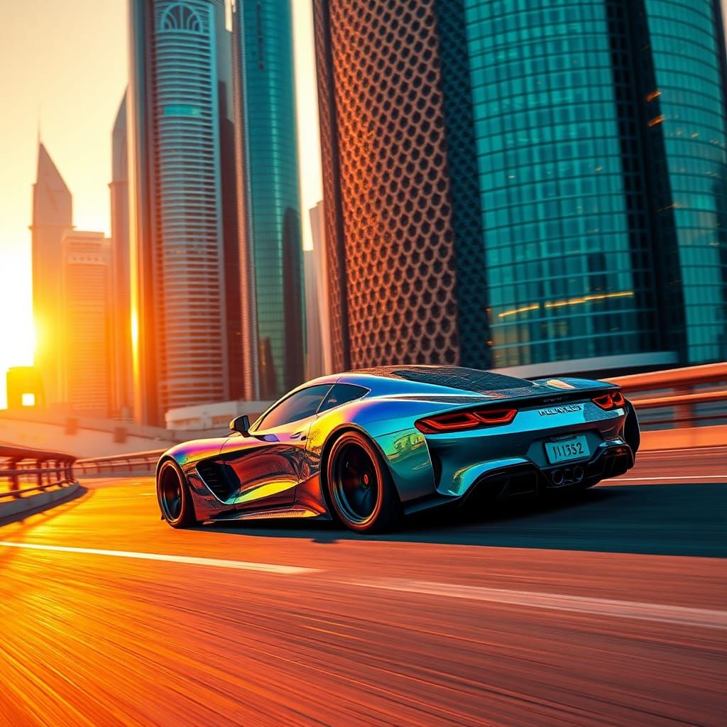 Futuristic Sports Car on Neon Highway in Photorealistic Styl...