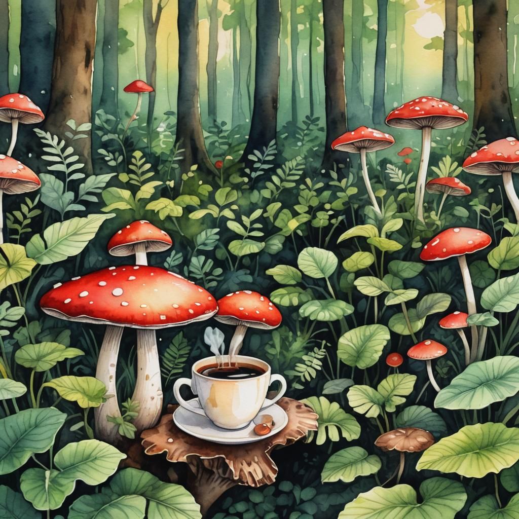 Whimsical Mushroom with Coffee, Watercolor Botanical Illustr...