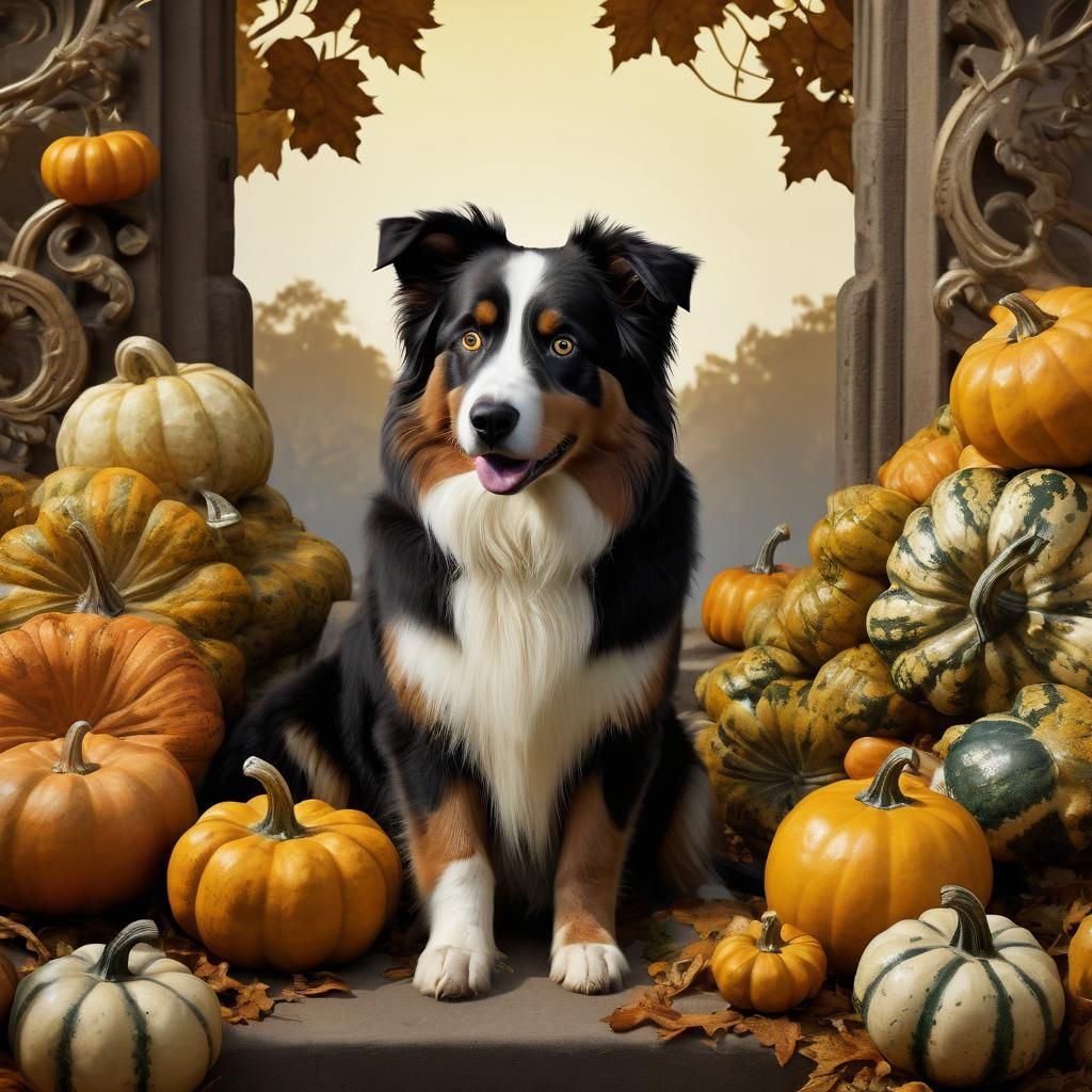 Australian Shepherd Dog Among Ornamental Gourds