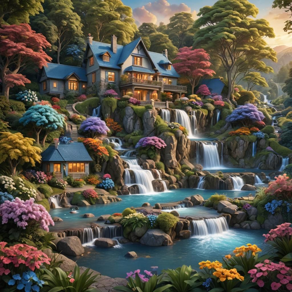 Fantastical House Beside Flowing Stream: 3D Matte Painting