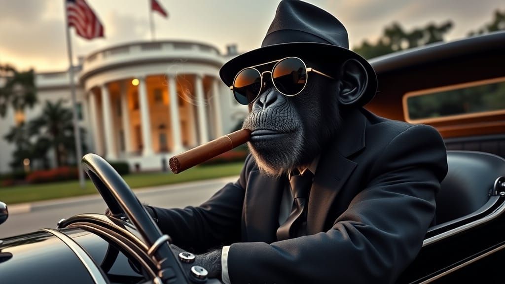 Surrealistic Scene of a Stylish Chimpanzee in a Ford Model A...