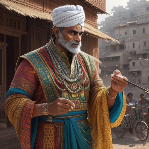 Indian Man Drawing in Village, Detailed Digital Art