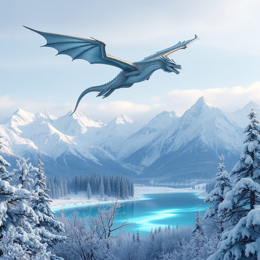 Majestic Chrome-Mercury Dragon Soars in Snowy Winter Wonderl...