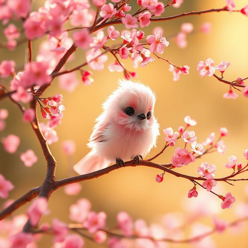 Chibi Pink Bird in Cherry Blossom Tree