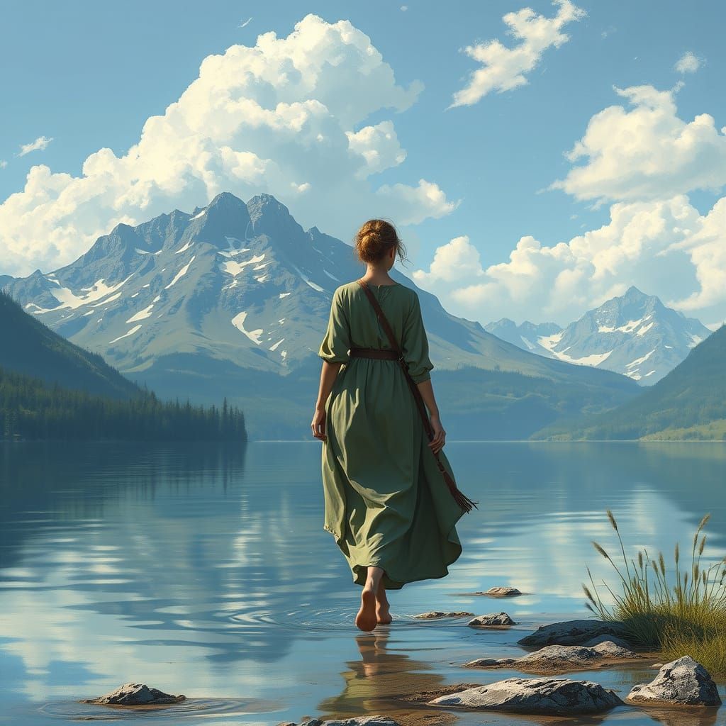 Woman Walking on Water in Photorealistic Style