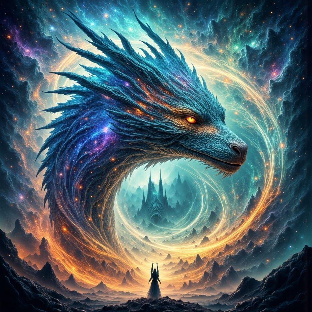 Ethereal Dragon in Opal Scales Amidst Elemental Vortex