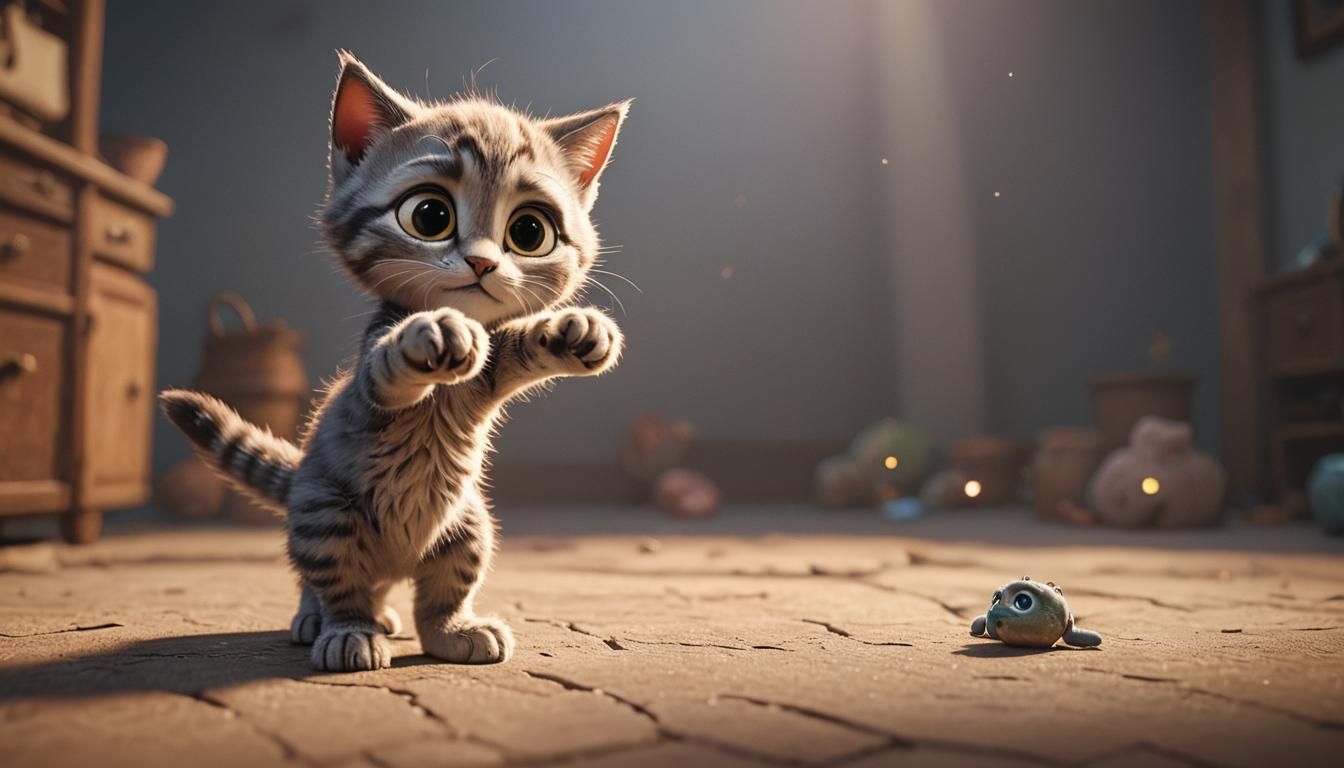 Curious Kitten Reaches for Hope in Pixar Style