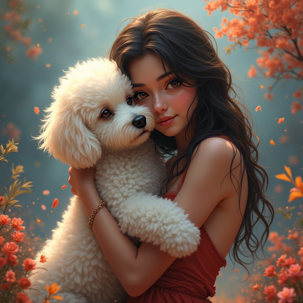 A Heartfelt Hug Between a Young Poodle and a Woman in a Vibr...