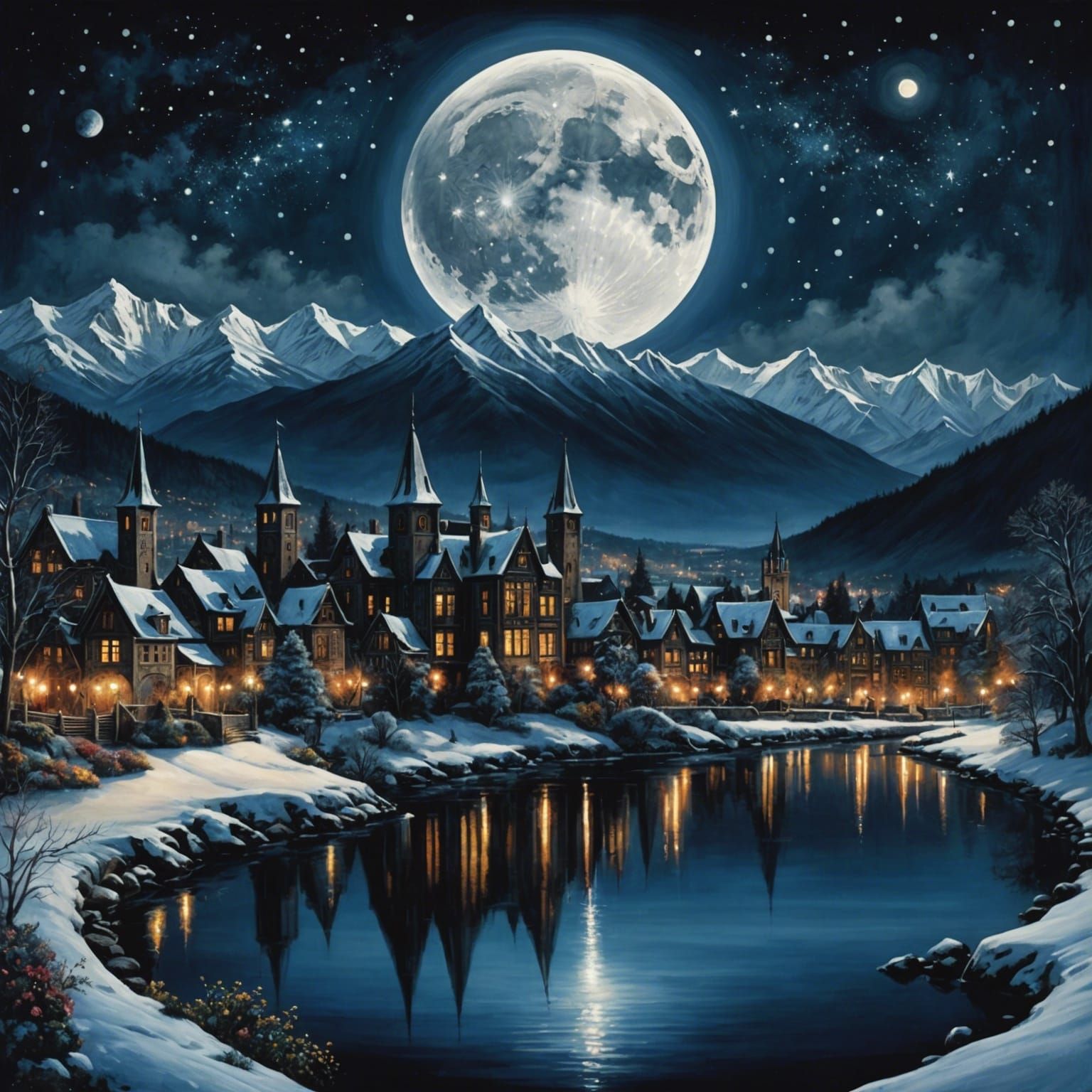 Magical Cityscape Under Giant Moon: Neo-Impressionist Painti...