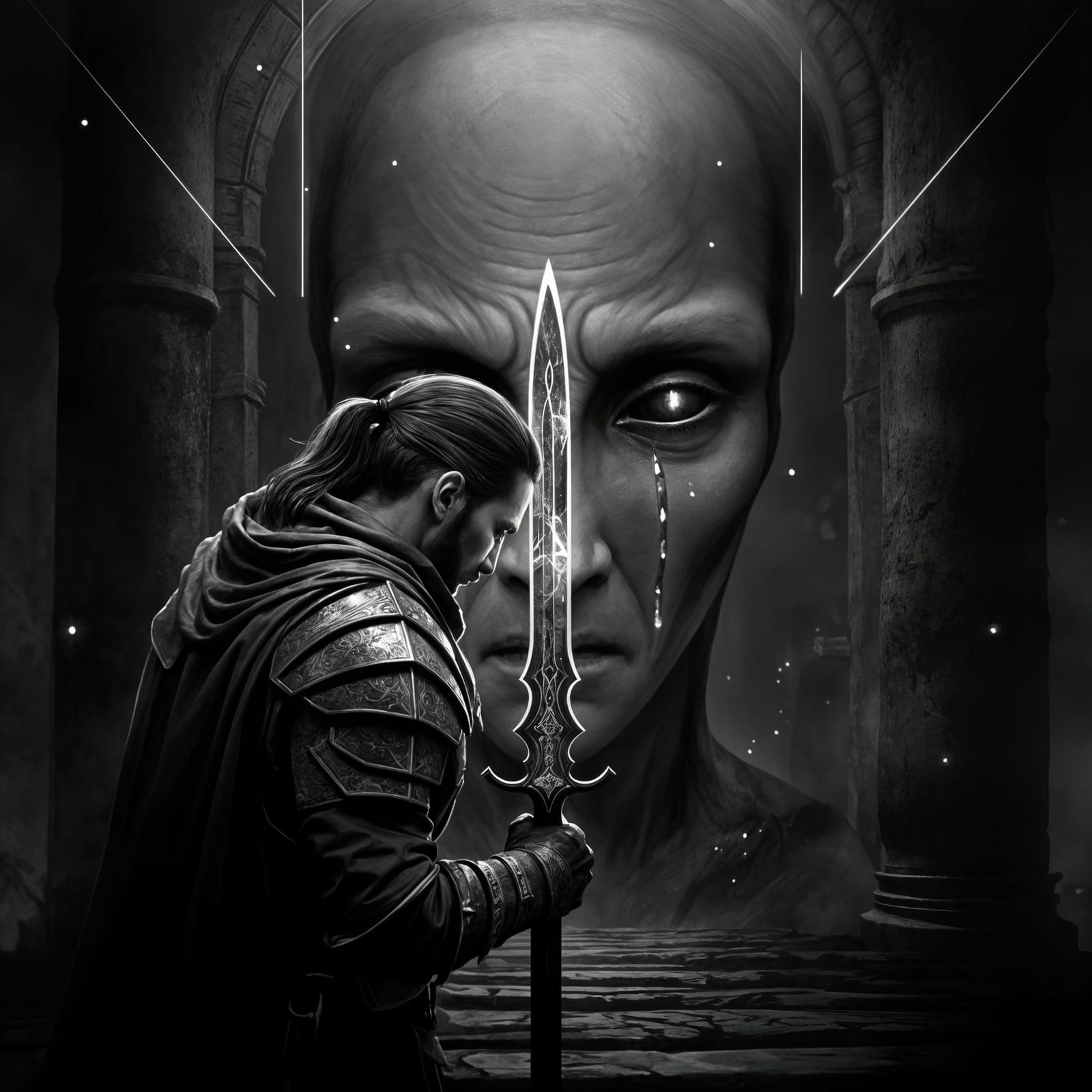 Mournful Reflection: Fantasy Warrior in Black and White